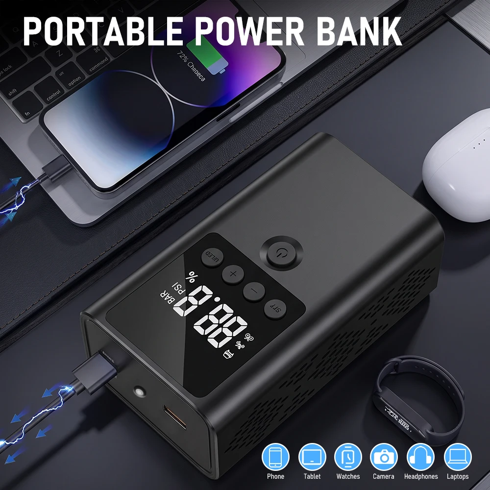6000mAh Car Jump Starter with Air Compressor 12V Auto Battery Booster Portable Air Pump Power Bank Tire Inflator