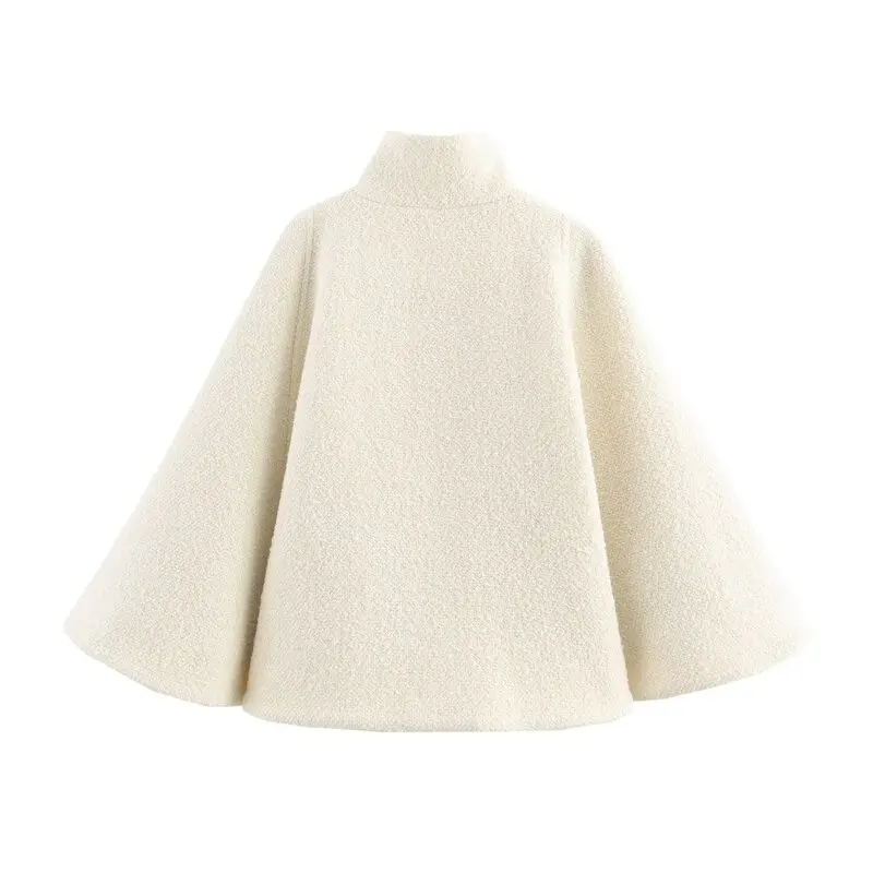 เสื้อคลุมขนสัตว์ผสมทรงหลวม คอตั้ง สไตล์คลุมไหล่ สำหรับผู้หญิง ฤดูหนาว 2024 สินค้ามาใหม่ ใช้งานได้หลากหลาย แฟชั่นเสื้อคลุมสำหรับผู้หญิง
