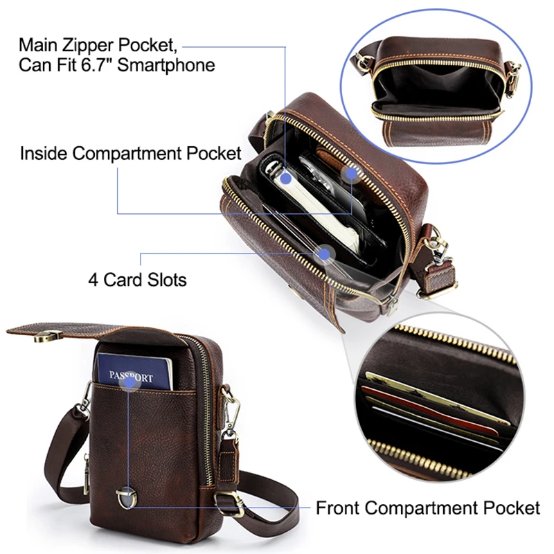 CONTACT\'S Genuine Leather Men‘s Small Messenger Bag Casual Crossbody Shoulder Bag with Cell Phone Pocket Travel Waist Pack Bag