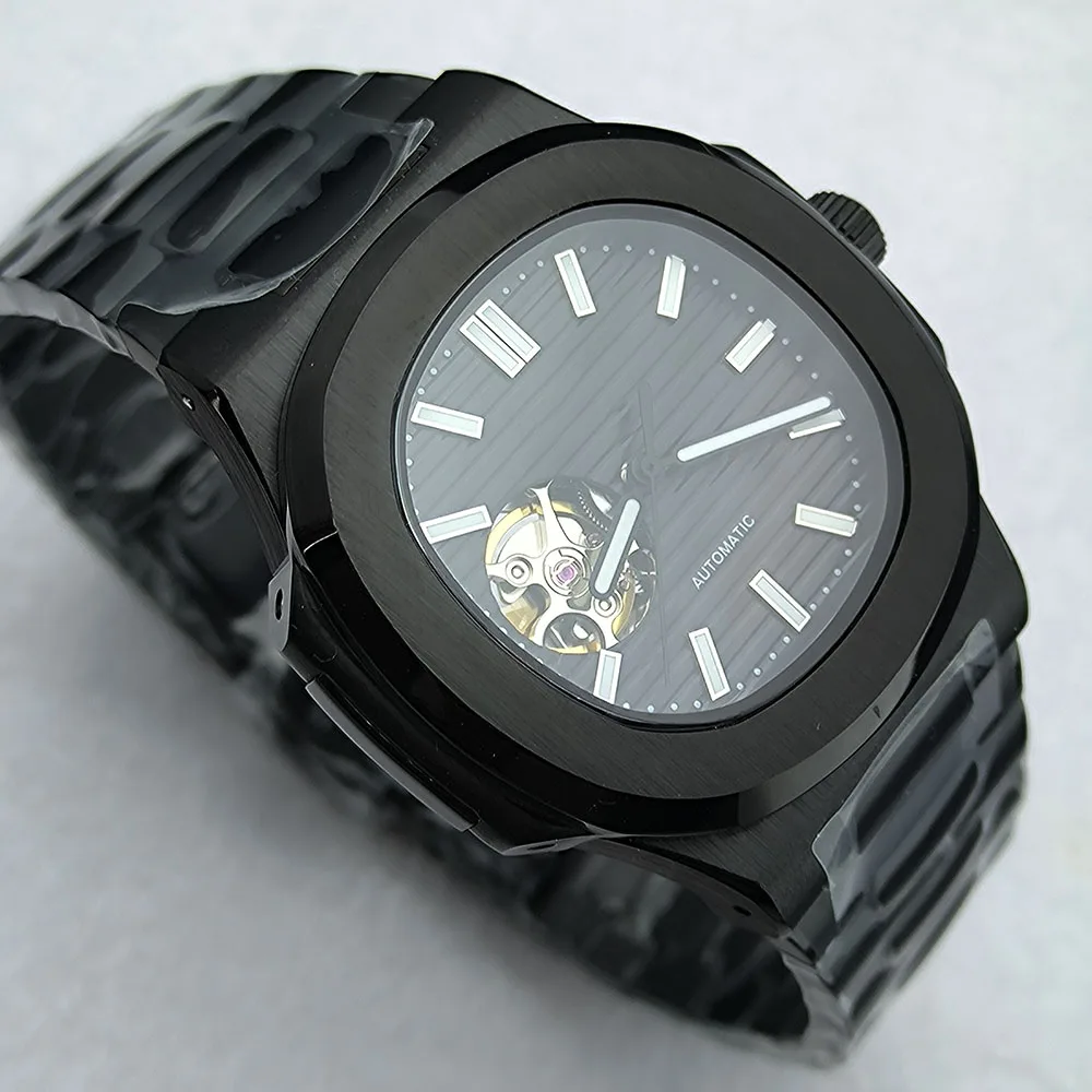 Orologio NH38 da uomo in acciaio inossidabile quadrante cavo Orologio meccanico Nautilus Movimento NH38 S logo vetro zaffiro