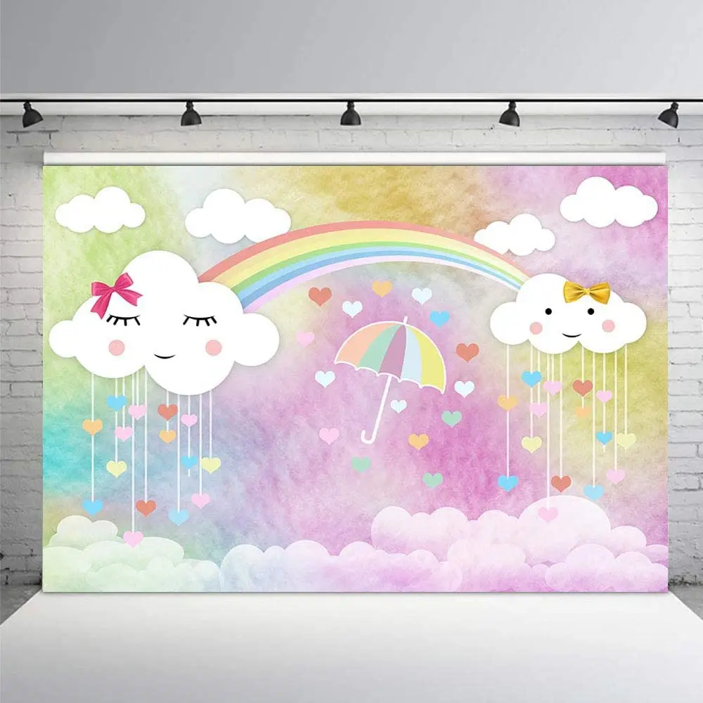 

Cute Cartoon White Cloud Photo Background Rainbow Hot-Air Balloons Blue Sky Cloud Princess Birthday Party Backdrops for Girls