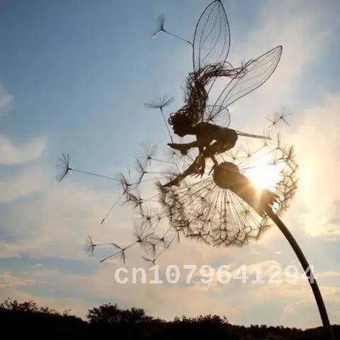 Garden Statue Fairies And Dandelions Dance Together Metal Sculptures Garden Art Decor Lawn Landscape Sculpture Home Decoration