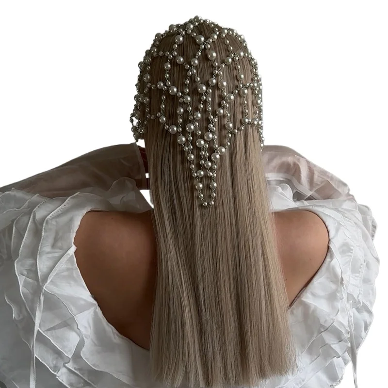 HQ الفاخرة اللؤلؤ الشعر سلسلة مجوهرات للنساء الزفاف العروس غطاء الرأس النحاس حجر الراين سلاسل الشعر قلادة إكسسوارات الشعر