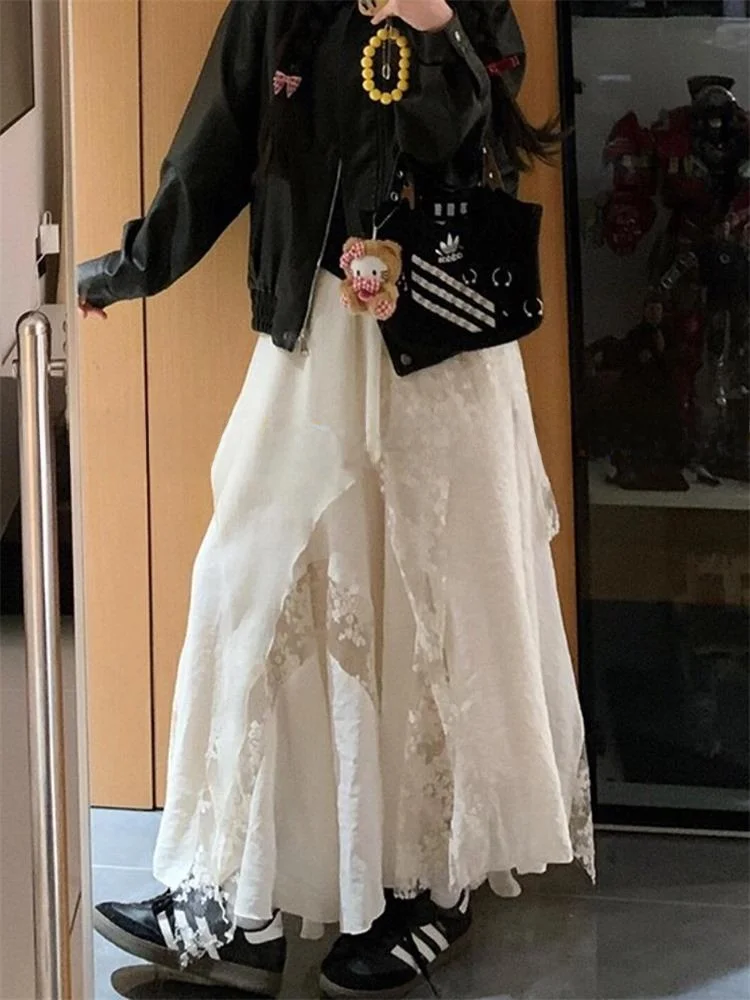 

Fall Heavyweight White Asymmetrical Lace Splicing Tulle f Skirt Women's Autumn Winter New Sle Long Skirt High Waist A-Line