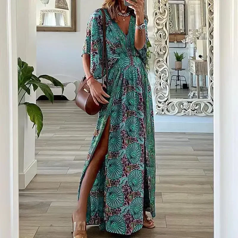 Women\'s long dress V-neck short sleeved loose bohemian side slit long skirt printed dress elegant evening dress  plus size