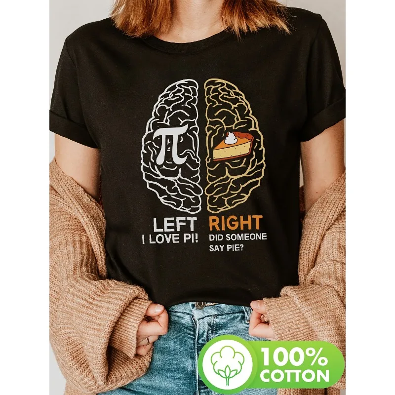 

Women Fun Pi Day T-Shirt Left Brain Right Brain Math Enthusiast Gift Black Crew Neck Casual Teacher Wear Humorous Slogan T-Shirt
