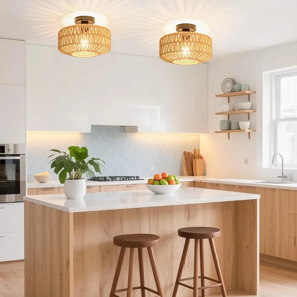 Boho Rattan Ceiling Light Hand-Woven Rattan Flush Mount Fixture Fixture for Farmhouse Hallway Bedroom Living Room