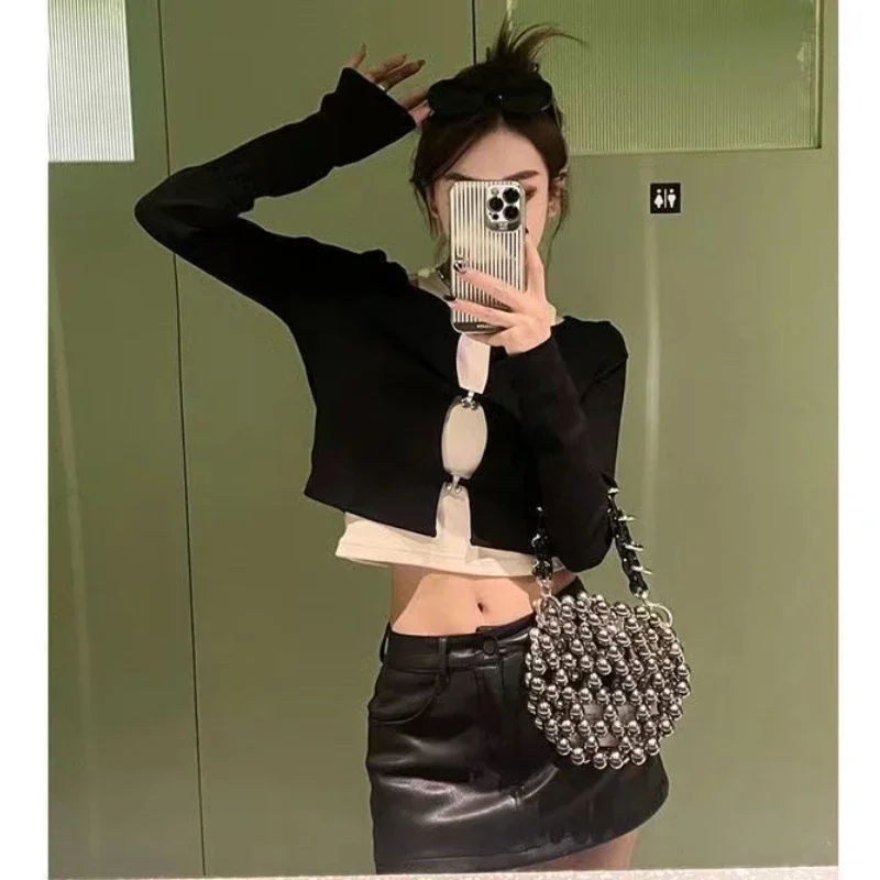 Crop Top Women 2 Pieces Set Long Sleeve T Shirt Tank Top Sexy Hollow Out Y2k Tshirt Streetwear Tee Korean Reviews Many Clothes
