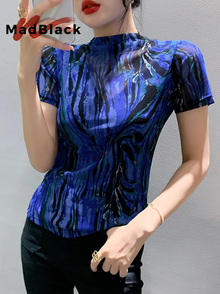 MadBlack-Women European T-Shirt, Sexy Mock Neck Geometry Print, Vintage Short Sleeve Slim M-3XL Thin Tee, 2026 Summer T68337CC