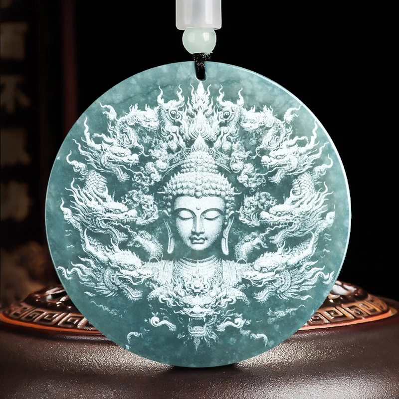 

Natural Burmese Blue Emerald Buddha Guanyin Pendant Necklace Jade Fashion Charm Jewelry Shadow-carved Amulet Gifts for Women Men