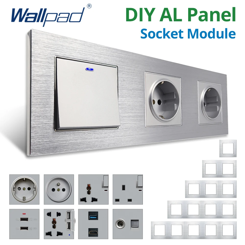 Wallpad DIY Module Silver Aluminum Panel Wall Power Socket Electrical Outlet Function Key Free Combination