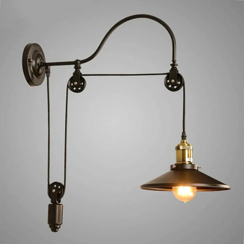 

American Industrial Wall Lamps Personalized Aisle Wrought Iron Headboard Decoration Stairs Bar Creative Pulley LED Wall Sconces