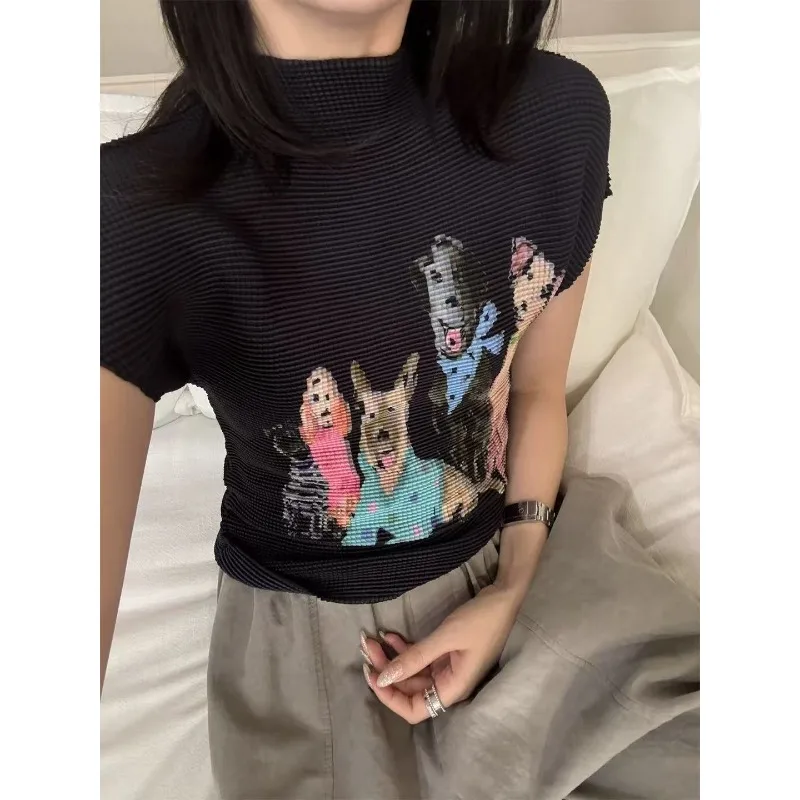 

Miyake плиссированные топы с воротником-стойкой и принтом, женские летние повседневные универсальные облегающие эластичные футболки с короткими рукавами, женская одежда