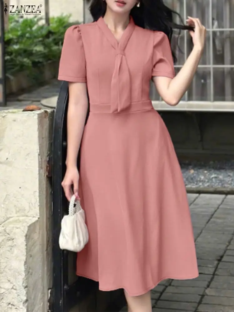 فساتين نسائية أنيقة للمكتب من ZANZEA لعام 2025 فستان حفلات برقبة على شكل V فستان صيفي أنيق بأكمام قصيرة منتفخة OL رداء ميدي للعمل