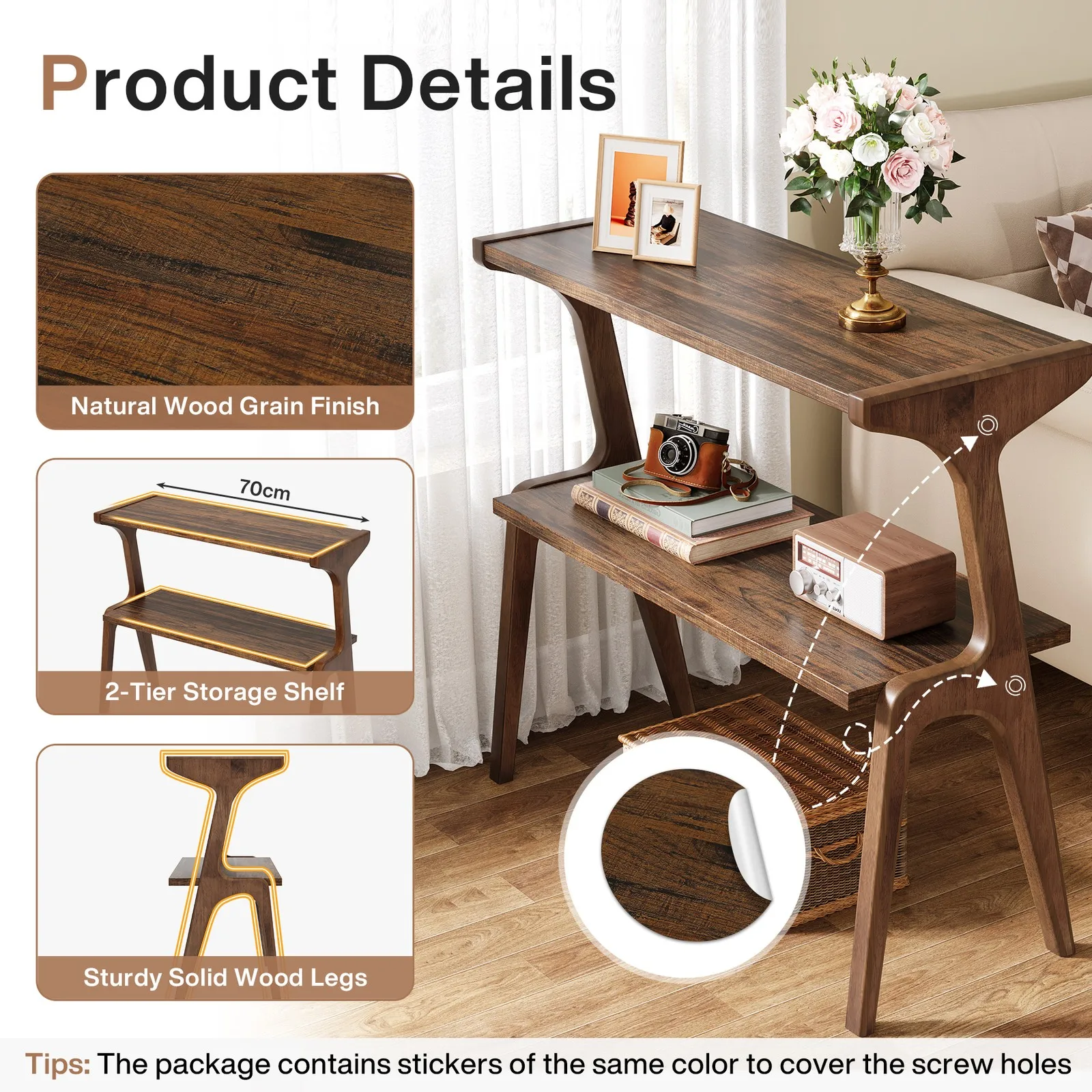 طاولة جانبية من الخشب الصلب، طاولة جانبية من طبقتين مع رف تخزين لغرفة المعيشة، بني #3