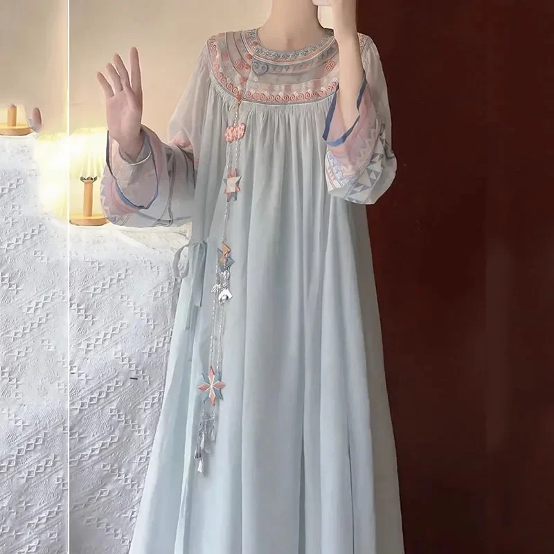 

New Chinese Style National Improved Hanfu Blue dress Women Summer 2024 Ethnic Loose Print dress Long Sleeve Elegant Retro Hanfu