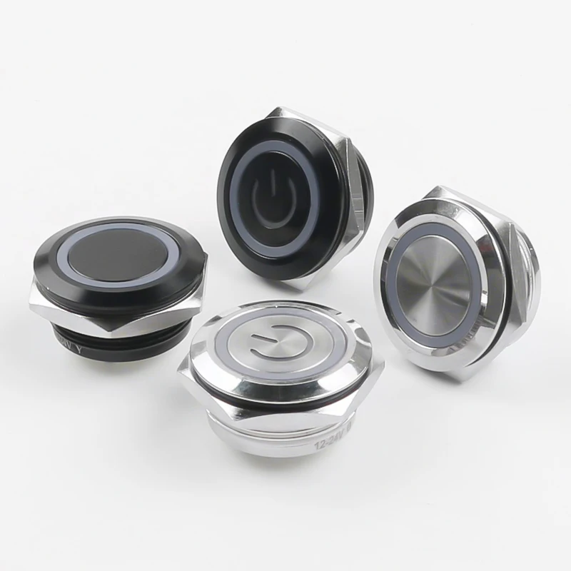 IP67 Waterproof 22mm Ultra Thin Metal Push Button Switch with RGB LED, Self-Resetting, Black Shell Normally Open Momentary