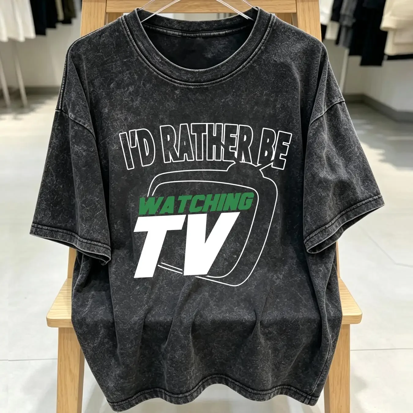 washed T Shirt I'd Rather be Watching TV Couch Potato Boob Tube Funny Mens vintage Washed Unisex homme Casual Comfortable