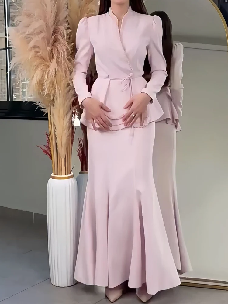 Women Elegant Lace-Up Waist Slim 2Pc Suit Fashion Pearl Splicing Solid Skirt Outfit Sexy V-neck Long Sleeve Top & Long Skirt Set