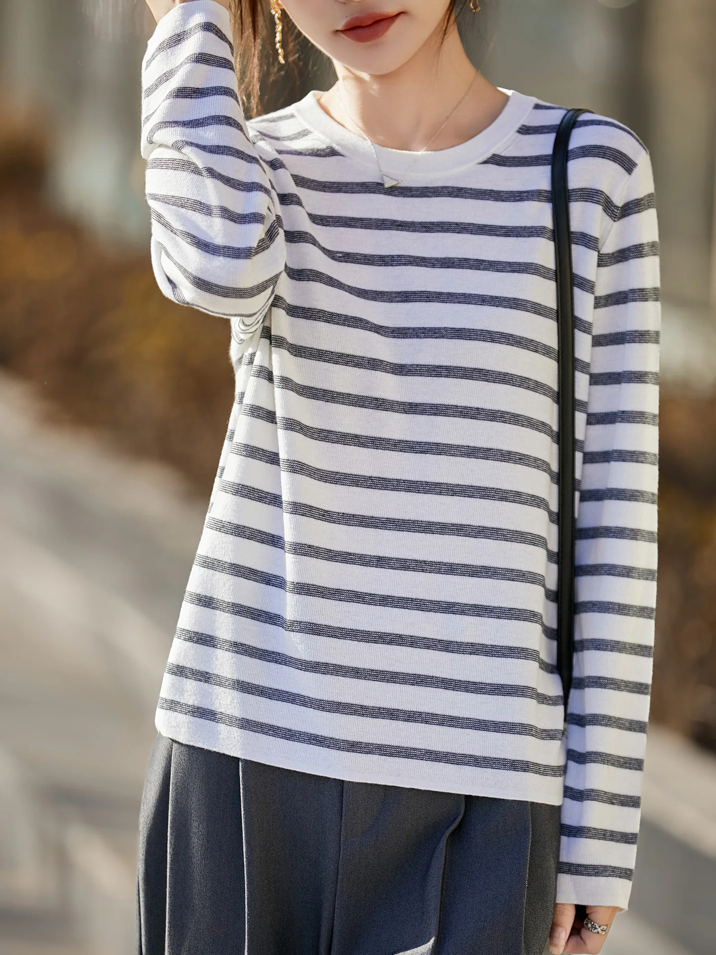 

Casual Wool Blend Women's T-Shirt Spinning Spring Autumn Female Knitwear Worsted Pullover Striped Blouse Long Sleeve Clothes Top