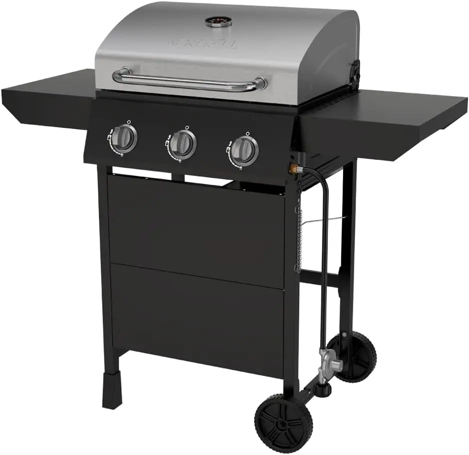 Premium 3 Burner Propane Barbecue Gas Grill, Side Table Open Cart with Wheels, Outdoor Cooking, Patio