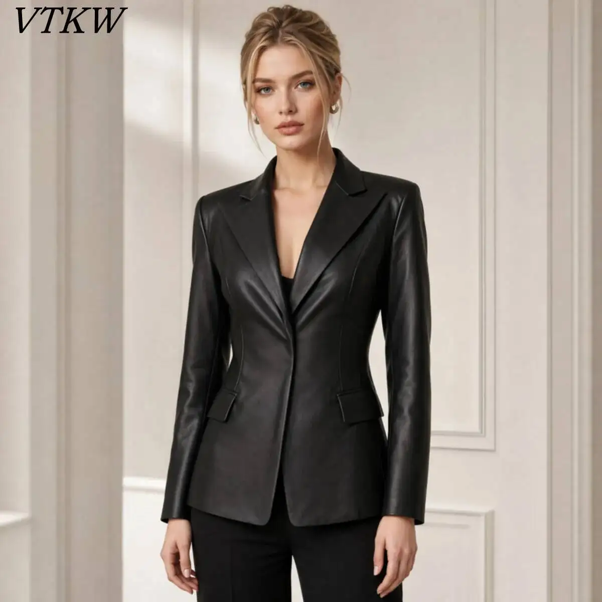 VTKW 2026 New Women Notched Lapel Faux Leather Blazer Hidden Single Button Two Pocket Two Color Slim Tailored Long Sleeve