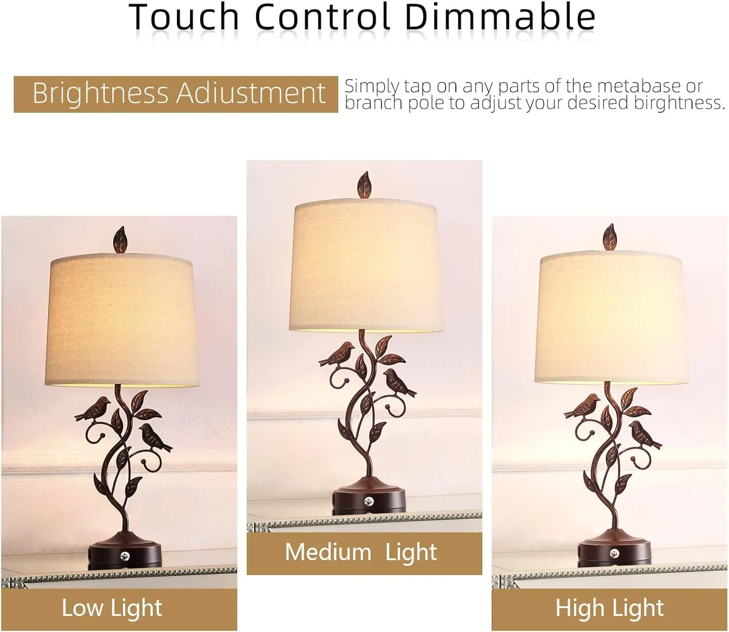 27' Touch Farmhouse Table Lamp with 3-Way Dimmer, 2 USB Ports, Vintage Iron Leaf LED Nightstand Lamp