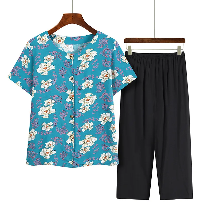 Conjunto de pijamas feminino de duas peças, pijamas de manga curta feminino, terno de mãe de meia idade, cardigã plus size, verão