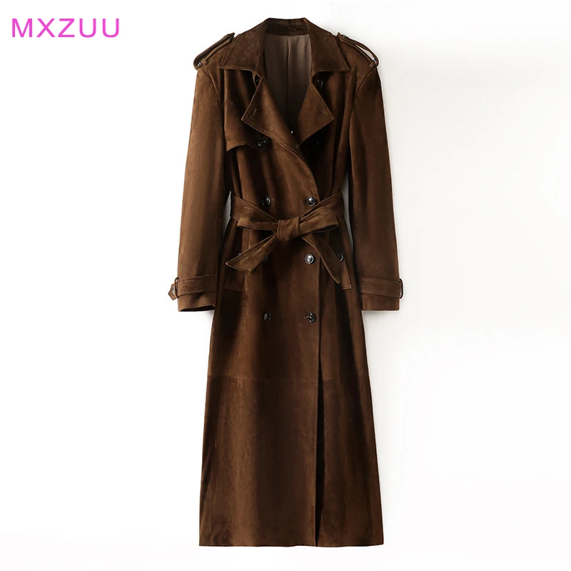 Damska kurtka z prawdziwego zamszu w kolorze mokka, jesienno-zimowa, skóra jagnięca, europejski styl, dwurzędowa, z paskiem, bardzo długi płaszcz typu trencz.