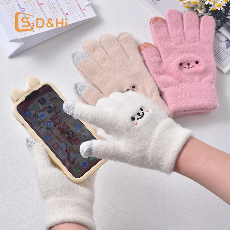 

Kawaii вязаные перчатки женские милые мультяшные вышитые медведи перчатки с сенсорным экраном осень-зима теплые женские вязаные мягкие перчатки для покупок