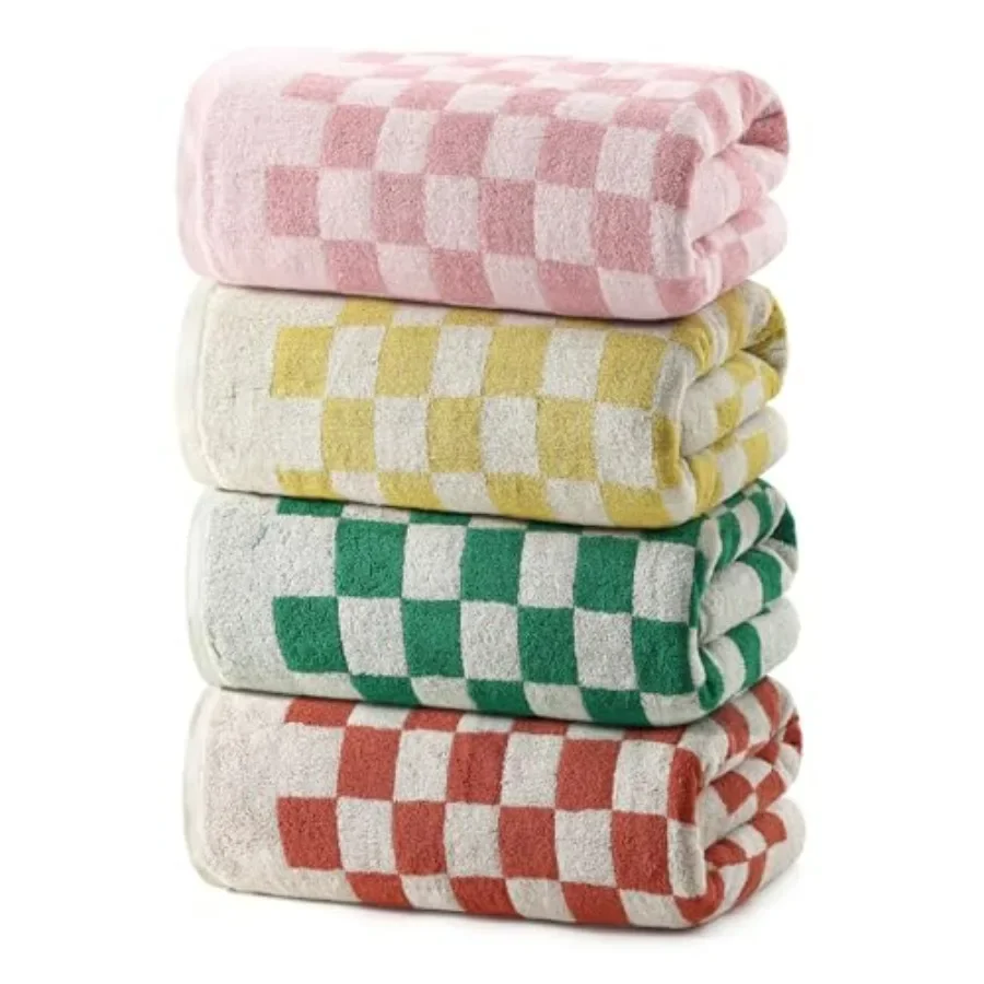 

Checkered Bath Towels Set - 4 Piece Large Shower Towels for Bathroom Decoration, Highly Absorbent Cotton Bath Towel of 4, Cute
