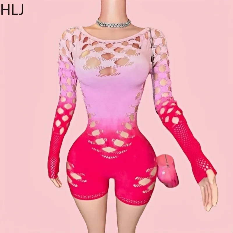 

HLJ Pink Sexy Tie Dye Gradient Hollow Out Bodycon One Pieces Rompers Women Long Sleeve Slim Elasticity Jumpsuits Female Overalls