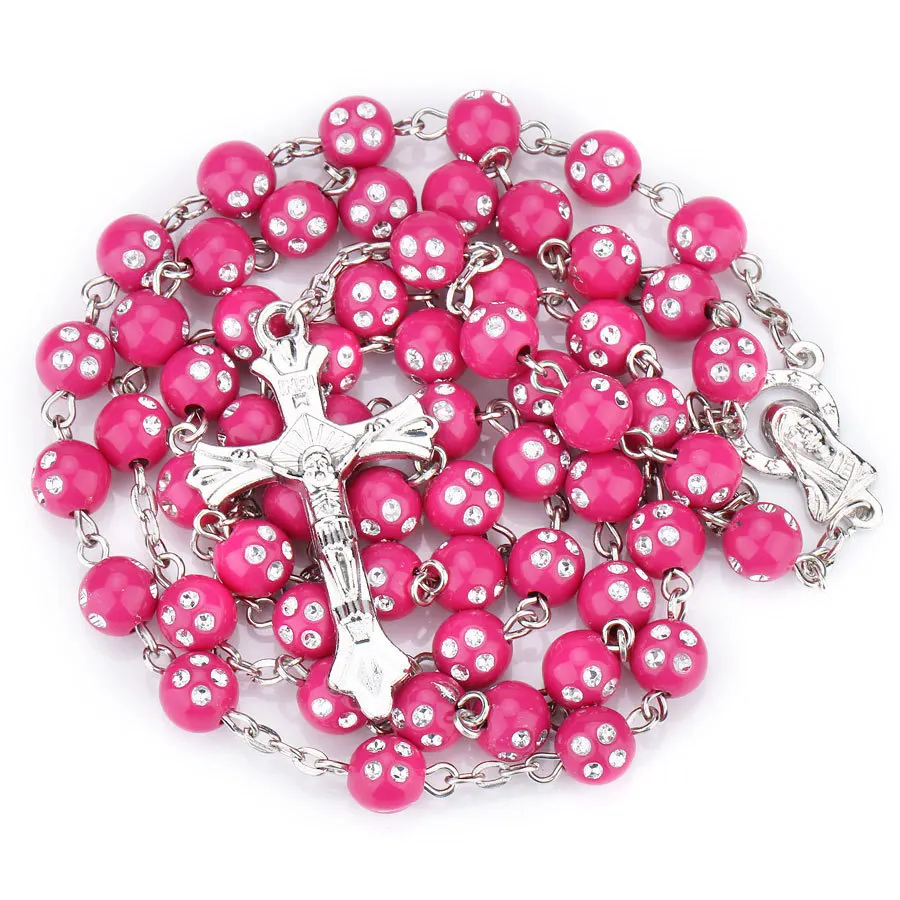 Religion Christian Rosary Necklace For Women Virgin Mary Jesus Cross Pendant 8MM Crystal Beads Long Chain Fashion Prayer Jewelry