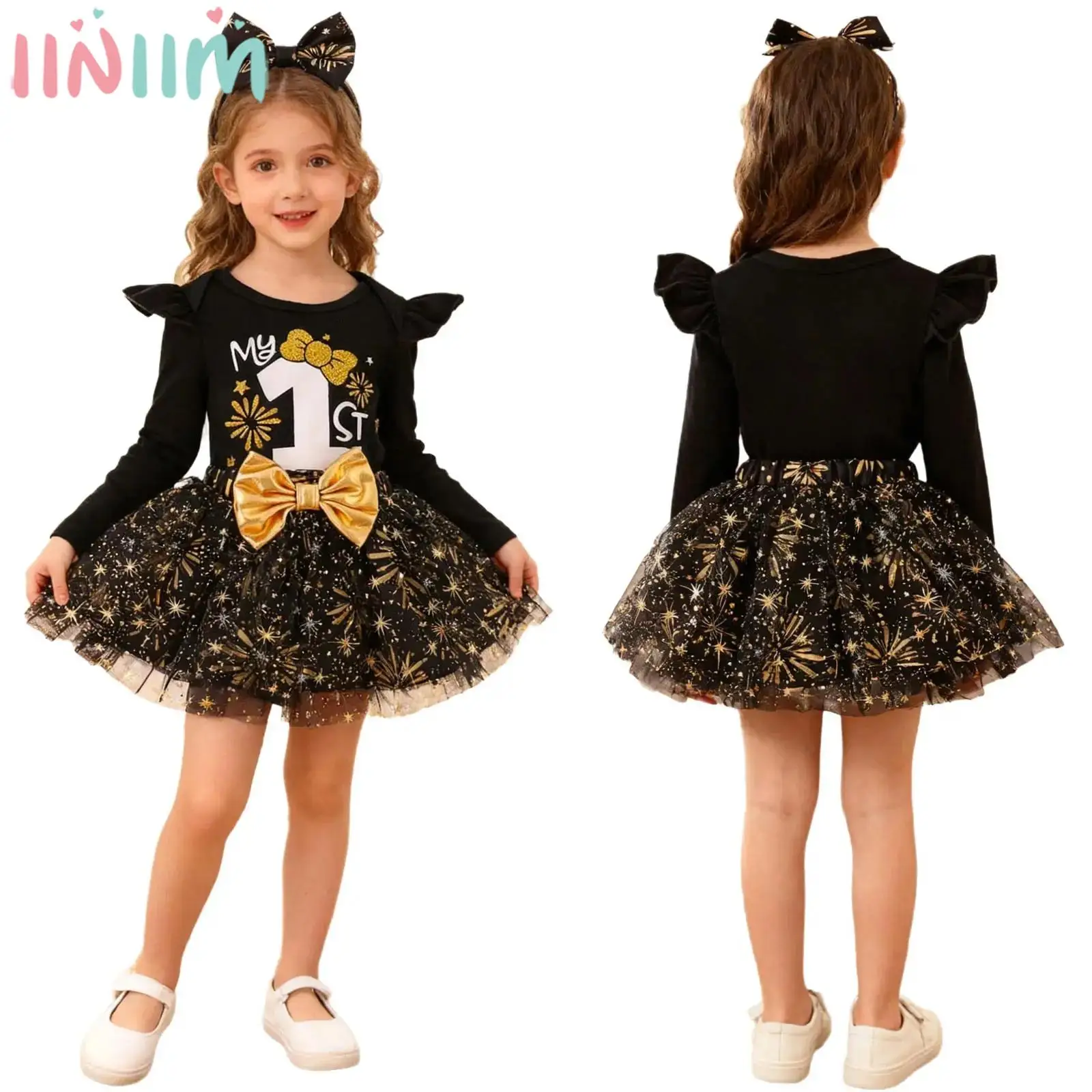

Baby Girls 1st Mardi Gras Thanksgiving Costume Long Sleeve Romper with Tutu Skirt Headband for New Year Birthday Party Festival
