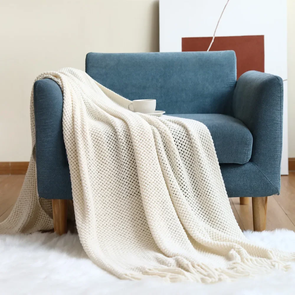 Nordic Soild Color Knitted Shawl Sofa Blanket with Tassels Sofa Scarf Emulation Fleece Throw Blanket TV Blankets Bed Home Decor