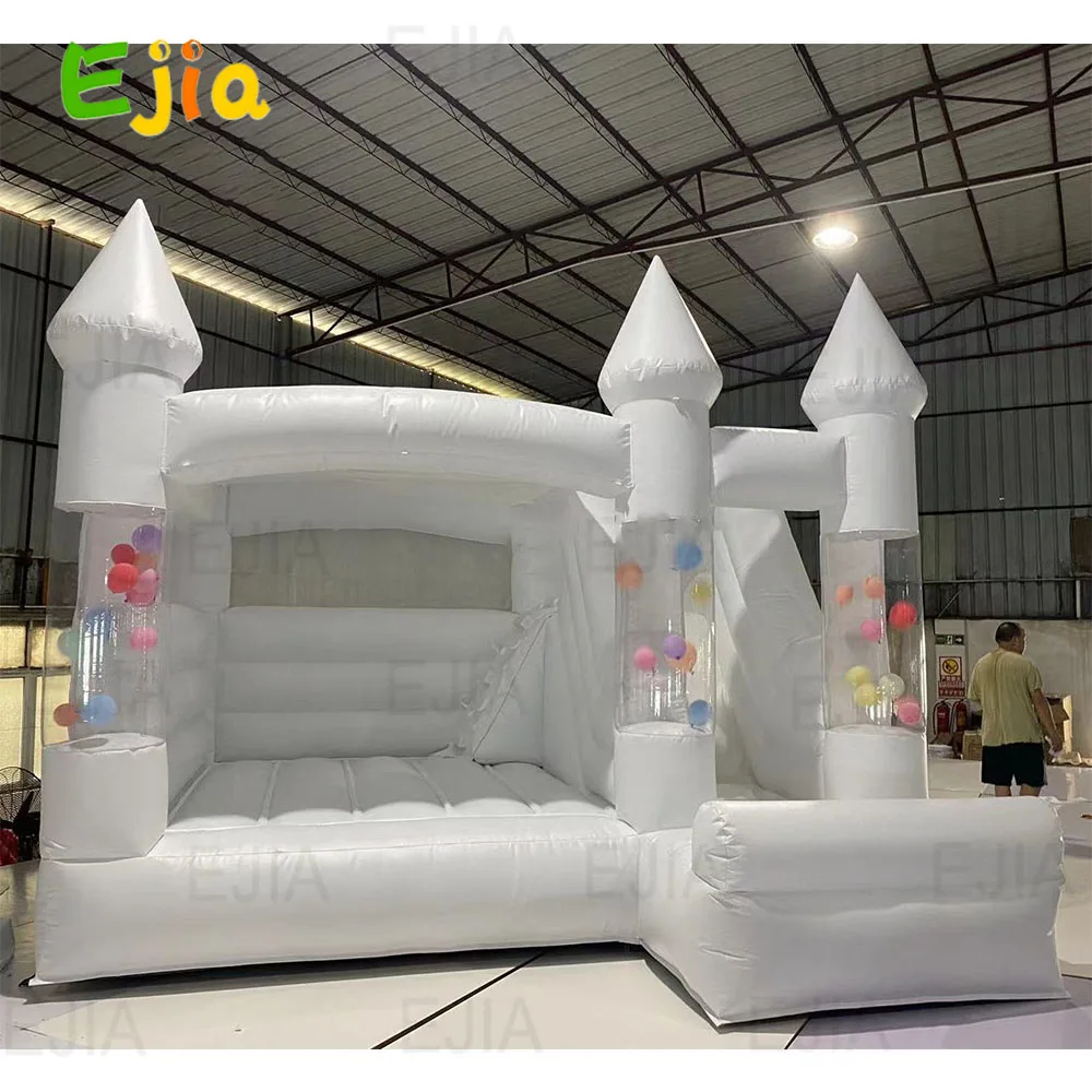 Casa de balão inflável para festa de casamento, rede de trampolim infantil, castelo bouncy branco com slide, uso comercial, 15 pés