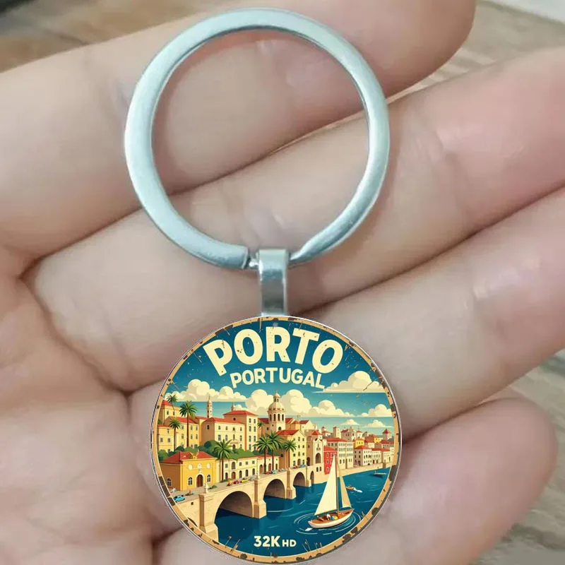 Llavero con Paisaje Urbano de Oporto, Portugal, Arquitectura Portuguesa Retro, Río Bela, Recuerdo de Viaje Portugués