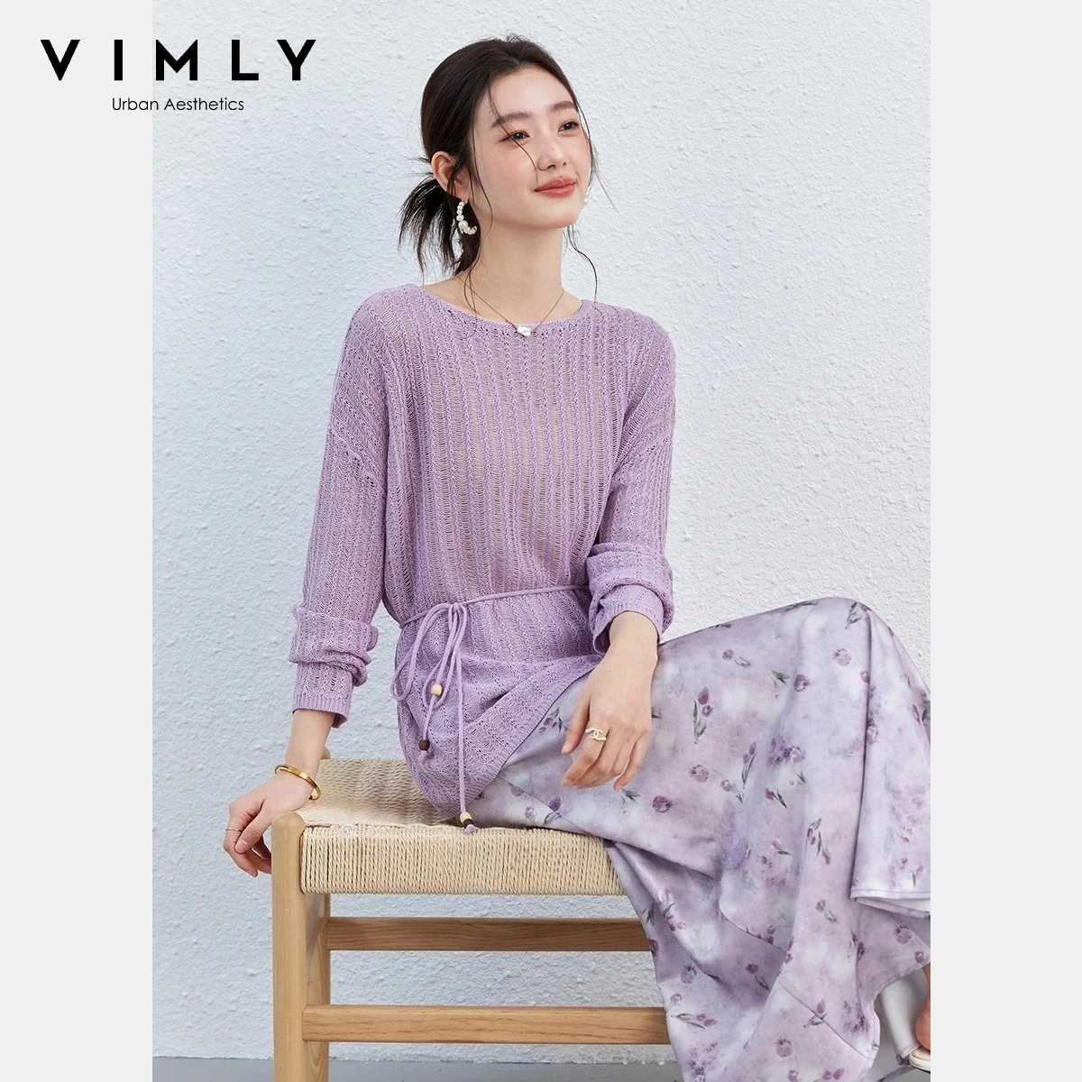 

VIMLY Women's Floral Knit Suit 2026 Spring New Casual Off Shoulder Tie Waist Pullover Floral Midi Skirt Set 2 Piece Woman A3872