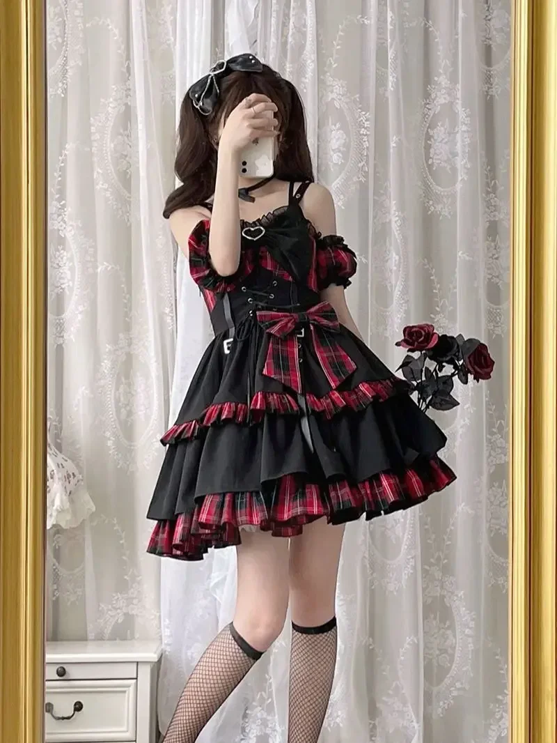 Idol clothes Lolita JSK Dress Red Plaid Pattern Sleeveless Ruffles Bows Lace Up Lolita Jumper Skirt  By Alice Girl