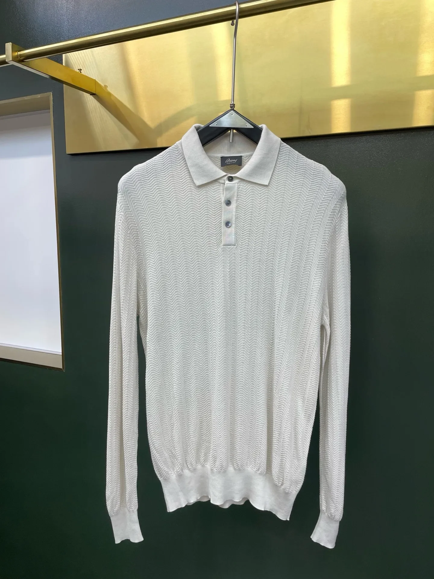 Bri Italian Mulberry Silk Blended Jacquard Textured Lapel Long Sleeve Polo Shirt