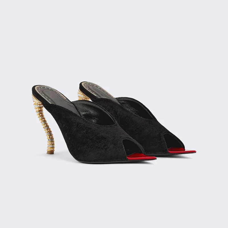 

Острые остроконечные женские тапочки, бархатный дизайн, высокие каблуки, летняя европейская и американская модная трансграничная женская обувь