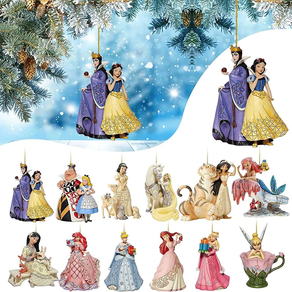 Disney Princess Snow White Cinderella Ariel Bell Anime Figures Christmas Tree Ornament Decoration Acrylic Plane Pendant Toys