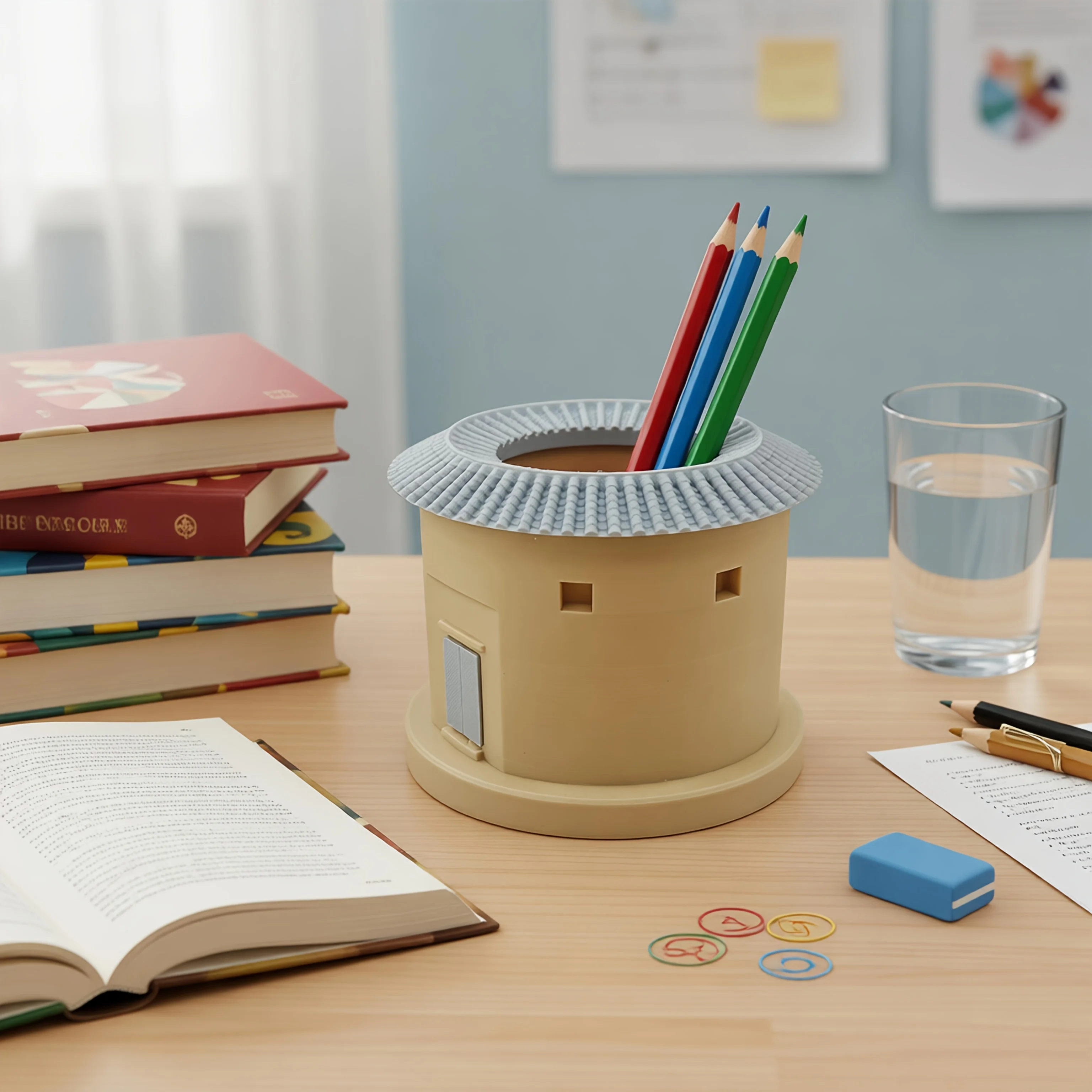 Tulou-shaped pen holder, enclosed building design desktop stationery organiser, student desk pen cup, office desktop decoration