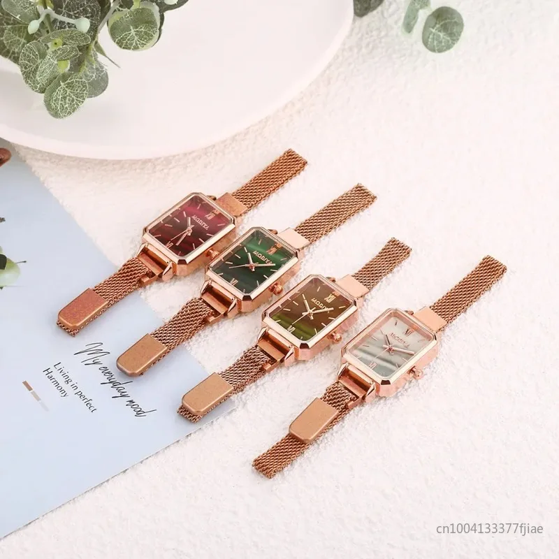 Women Watches Fashion Square Ladies Quartz Watch Magnetic Strap Green Dial Simple Rose Gold Mesh New Luxury Women Watches Clock