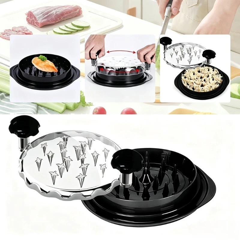 Handheld Heavy-Duty Meat Shredding Tool with Handle - BPA-Free Kitchen Utensil, Antislip Control, Comfort Grip, Large Cap, Cleaning Brush, Easy Maintenance, Mini Food Processor & Chopper Compatible