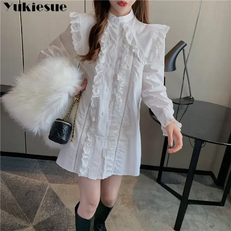 2022 ใหม่สไตล์เกาหลีฤดูใบไม้ผลิฤดูใบไม้ร่วงElegantTemperamentชุดสาวหวานTurn-Down COLLARเสื้อมินิเดรสแขนยาวกลวง