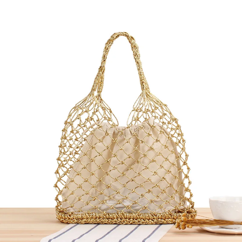 Ins new solid color gold and silver thread hook woven bag tide girl Mori portable straw bag beach bag