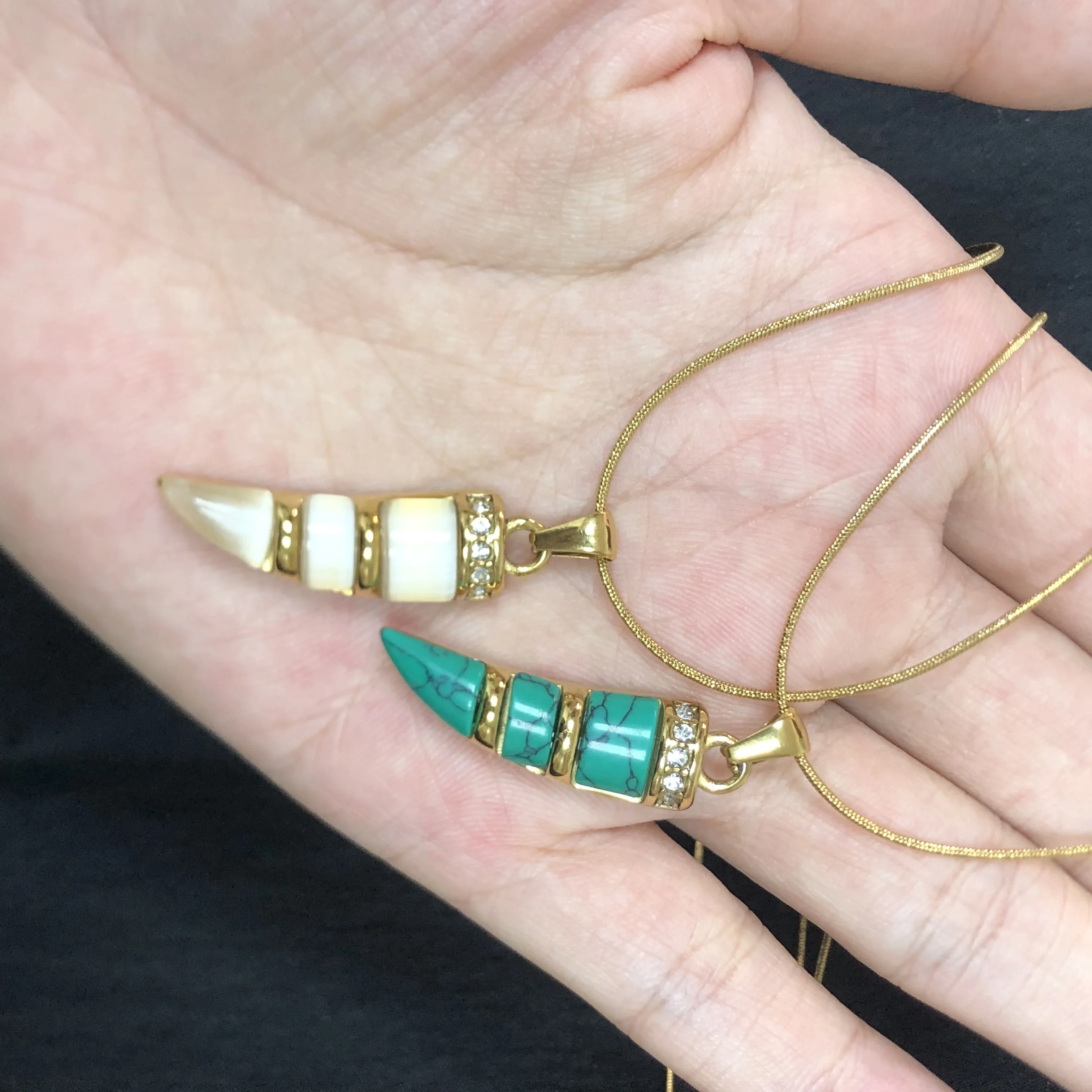 ASONSTEEL New Design Blue Stone Ivory Shaped Pendant Stainless Steel White Cat Eye Stone Necklace Gift For Women Fashion Jewelry