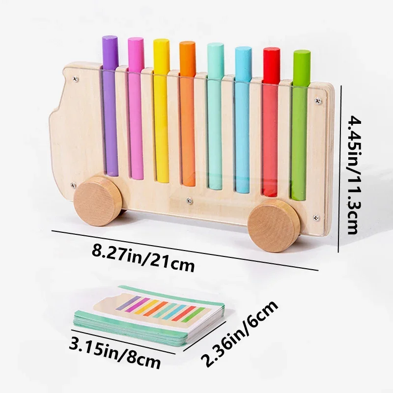 Jeu de tri des couleurs en bois, jouets en forme de Bus pour insérer des bâtons multicolores, chariot mobile avec 20 cartes de Cognition des couleurs