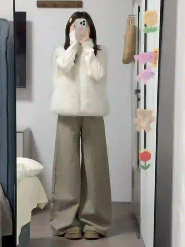 

Американские ретро-джинсы цвета хаки для женщин, утепленные, свободные, прямые, широкие, длинные брюки, повседневные, с высокой талией, весна